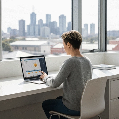 Person looking at weather forecast on a laptop with a view of Melbourne cityscape in the background, symbolizing planning with weather insights