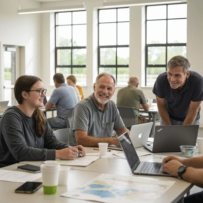 Community members engaging in a local workshop on flood preparedness, showing collaboration and shared resources