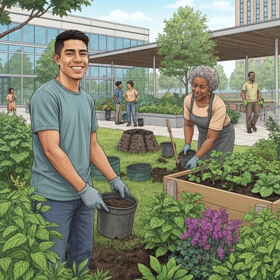 Diverse community members collaborating on a climate resilience project, planting trees in an urban park
