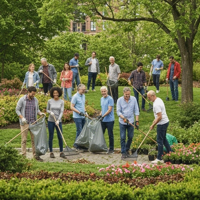 Diverse group of people participating in a community clean-up event in an urban park, symbolizing local participation in climate goals