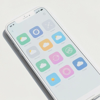 Multiple weather app icons displayed on a smartphone screen, clean modern design, no text, no words, no typography, clean image