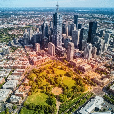 Aerial view of Melbourne city with green spaces contrasting with urban buildings, showing the urban heat island effect. no text, no words, no typography, no labels, clean image