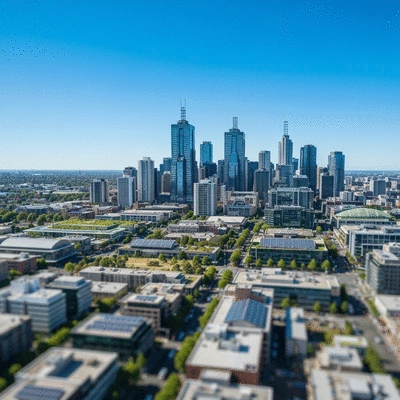 Melbourne skyline with green infrastructure and clear skies, symbolizing urban climate policy success