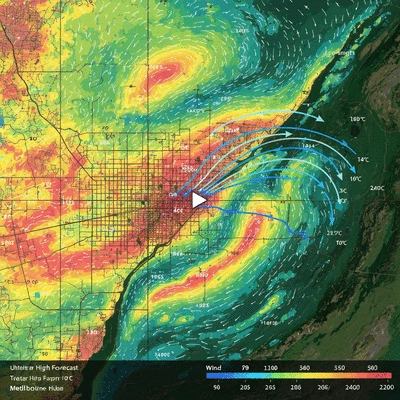 Detailed weather forecast map of Melbourne showing temperature and wind patterns, no text, no words, no typography, 8K