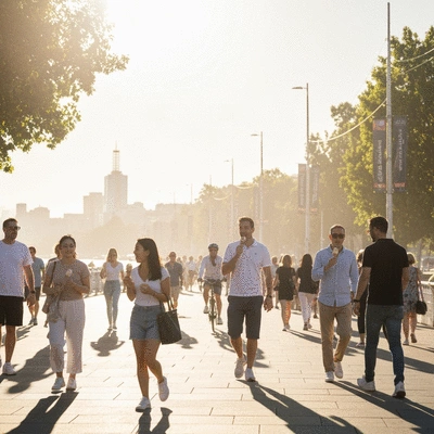 People enjoying a sunny summer day in Melbourne with a heat haze in the background, no text, no words, no typography, 8K