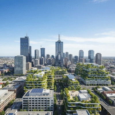 Melbourne skyline with green infrastructure and smart city tech, illustrating climate adaptation