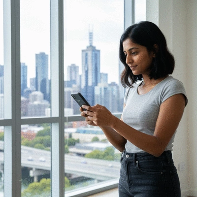 Person checking weather app on a smartphone in a modern urban setting, Melbourne skyline in background, no text, no words, no typography, clean image